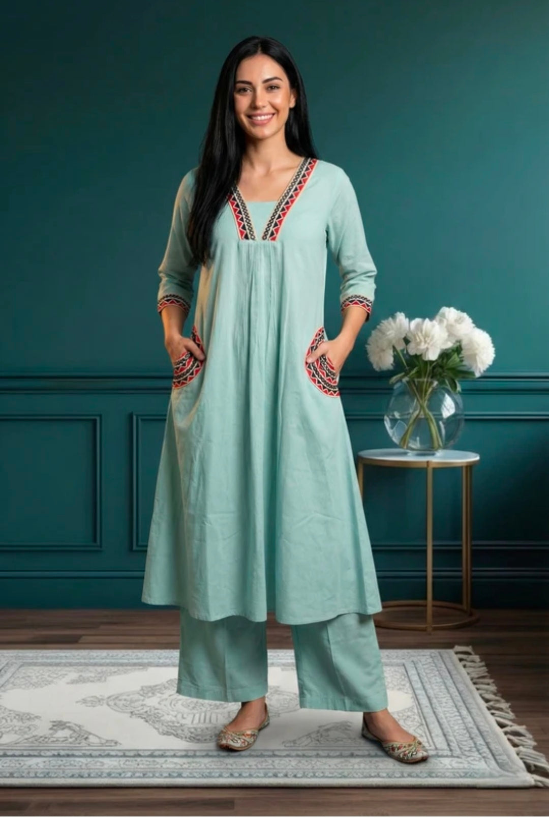 Embroidered Khadi Cotton Kurta Pant Set