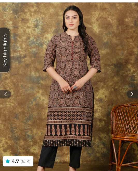 Soft Cotton Geometric Straight Black Kurta Set