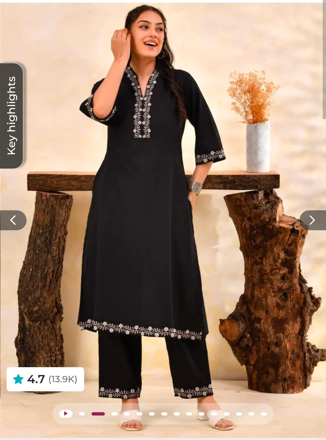 Embroidered Soft Cotton Solid A-line Black Kurta, Straight Trousers & Dupatta