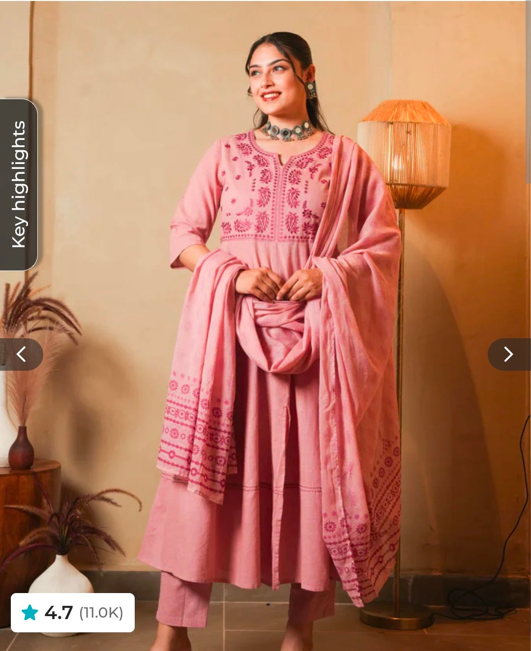 Embroidered Natural Cotton Solid Anarkali Pink, Tapered Trousers & Dupatta
