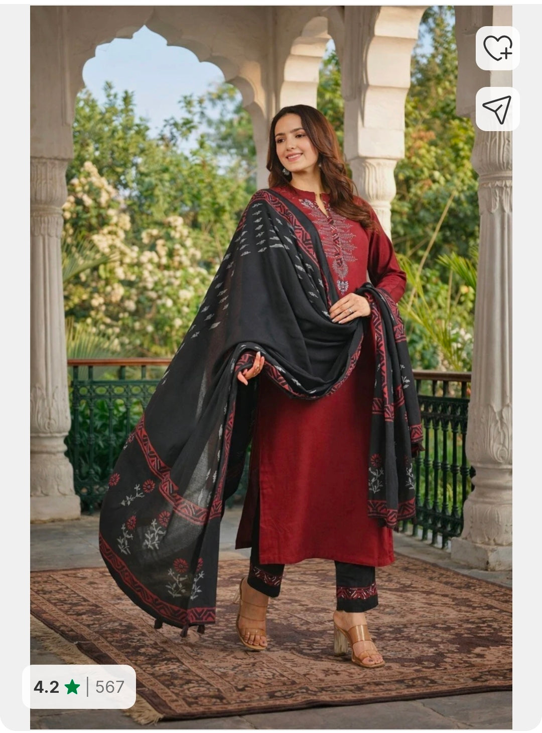 Jaipuri Bunaai Maroon Black Embroidered Viscose Rayon Kurta Palazzo Dupatta Set