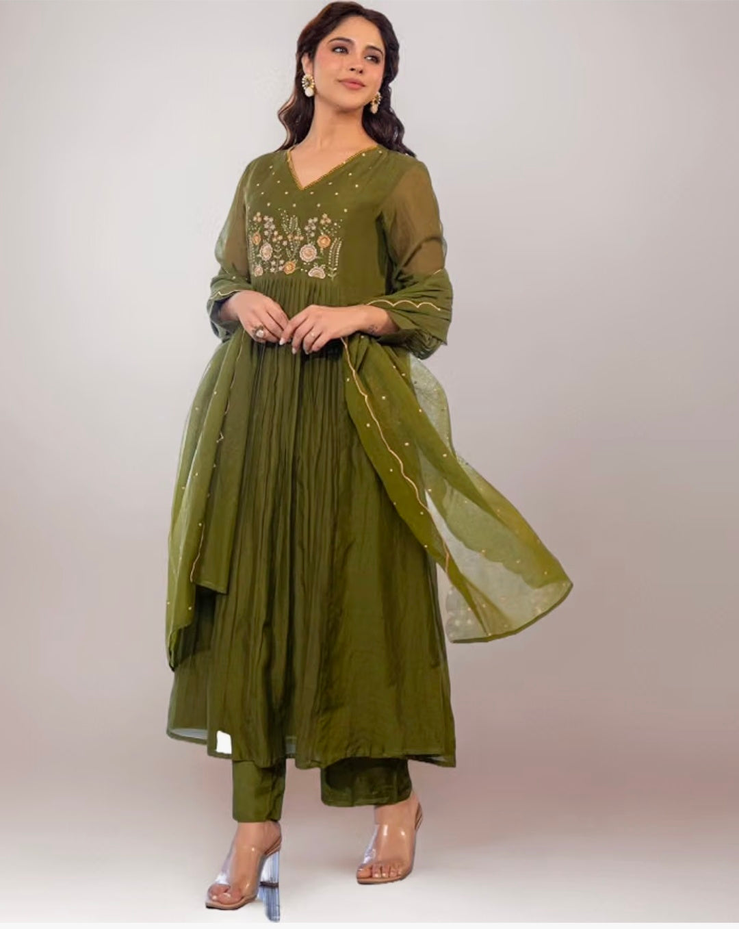 Embroidery Solid Anarkali Kurta Pant Set& Dupatta