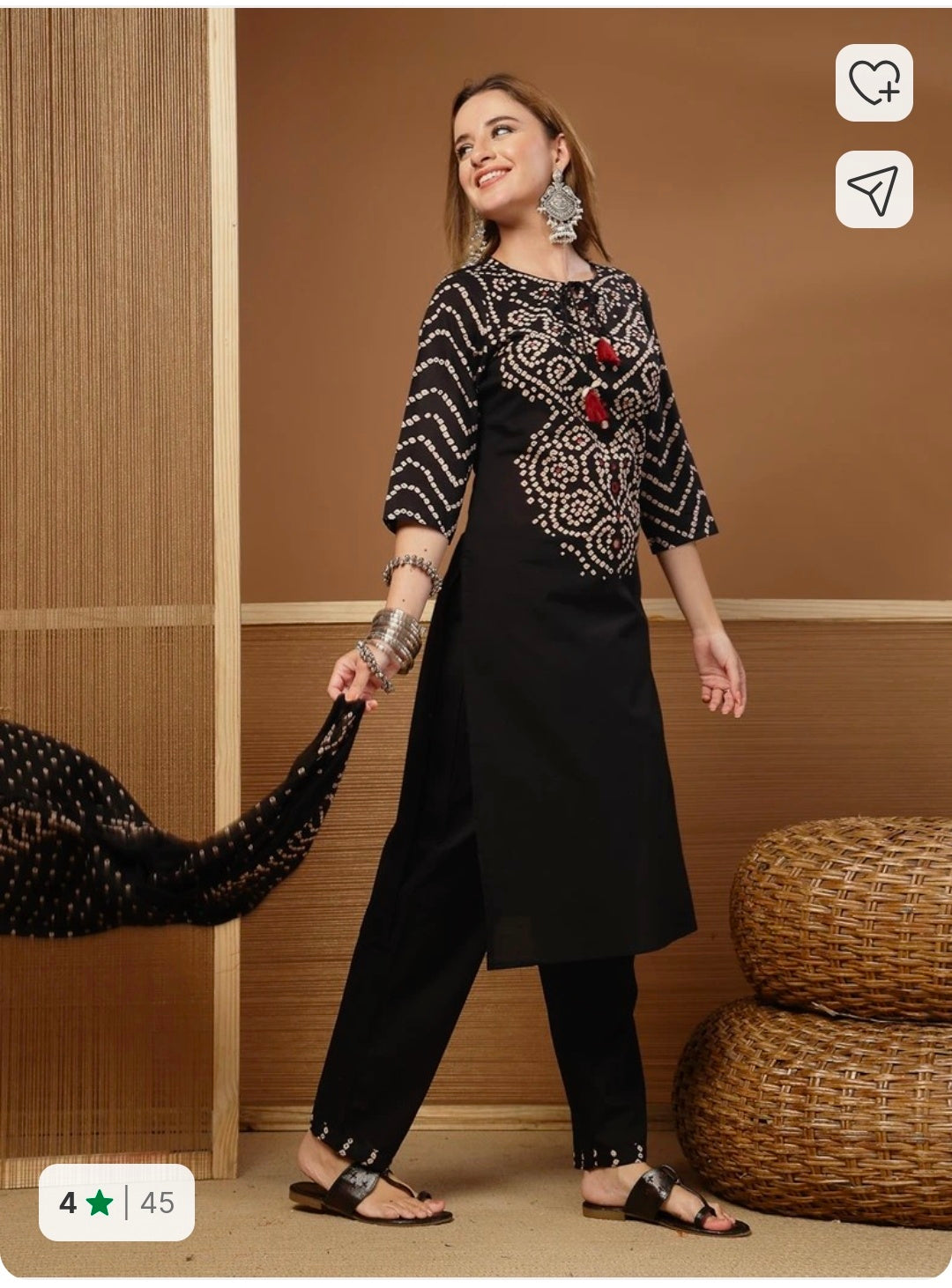 Black Bandhani Printed Pure Cotton Kurta Pant Dupatta Set by Stylum
