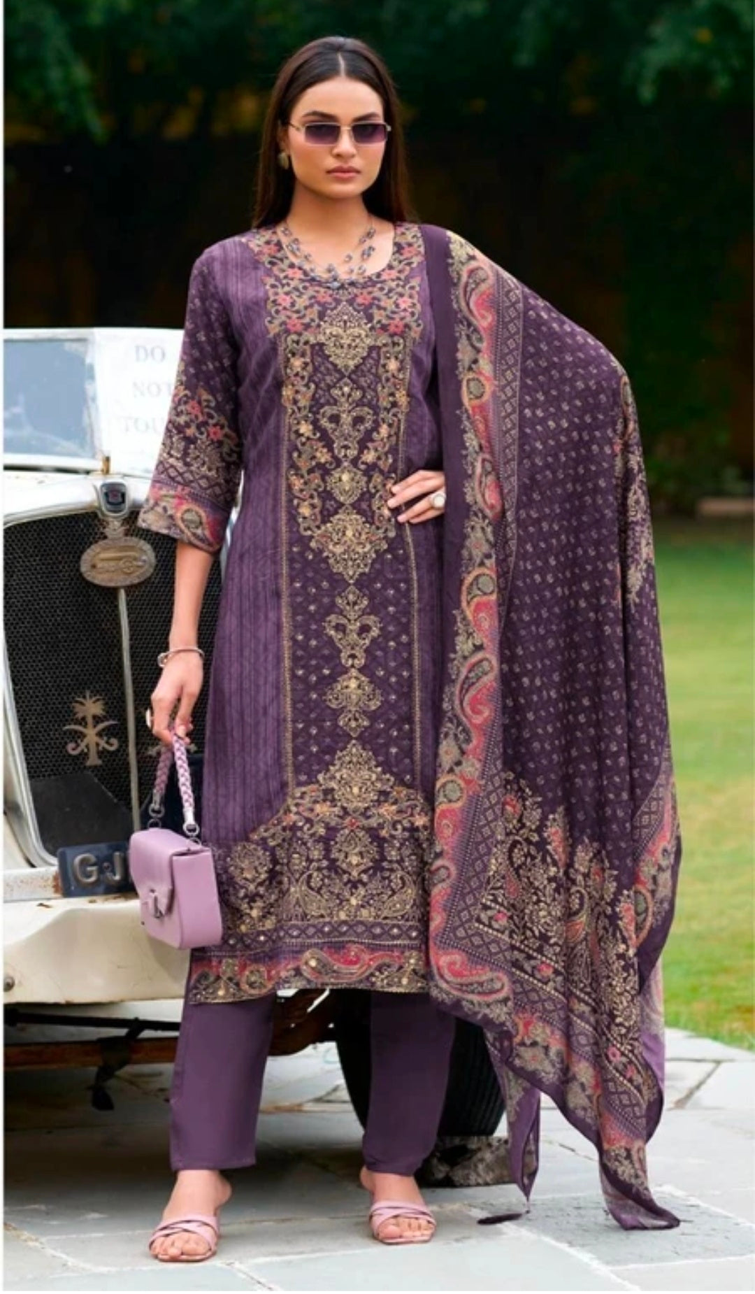 Purple Muslin Pant | Self Design Ethnic Bottom