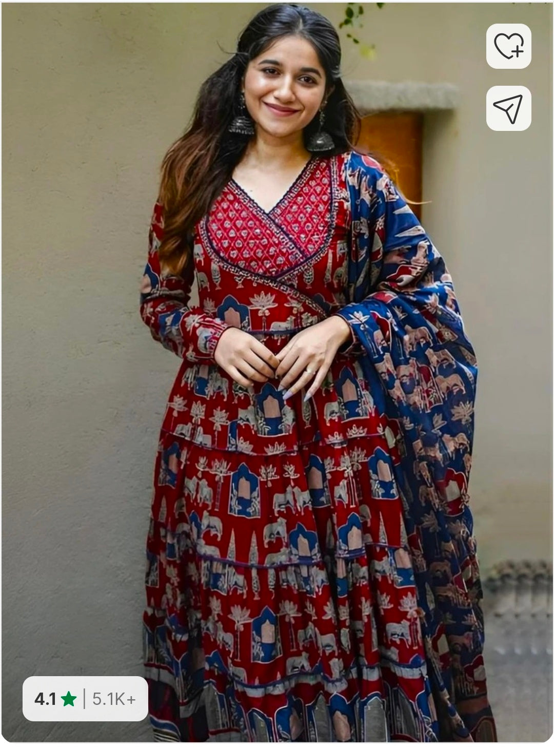 Jaipuri Print Angrakha Pattern Anarkali Kurta Pant with Dupatta for Women
