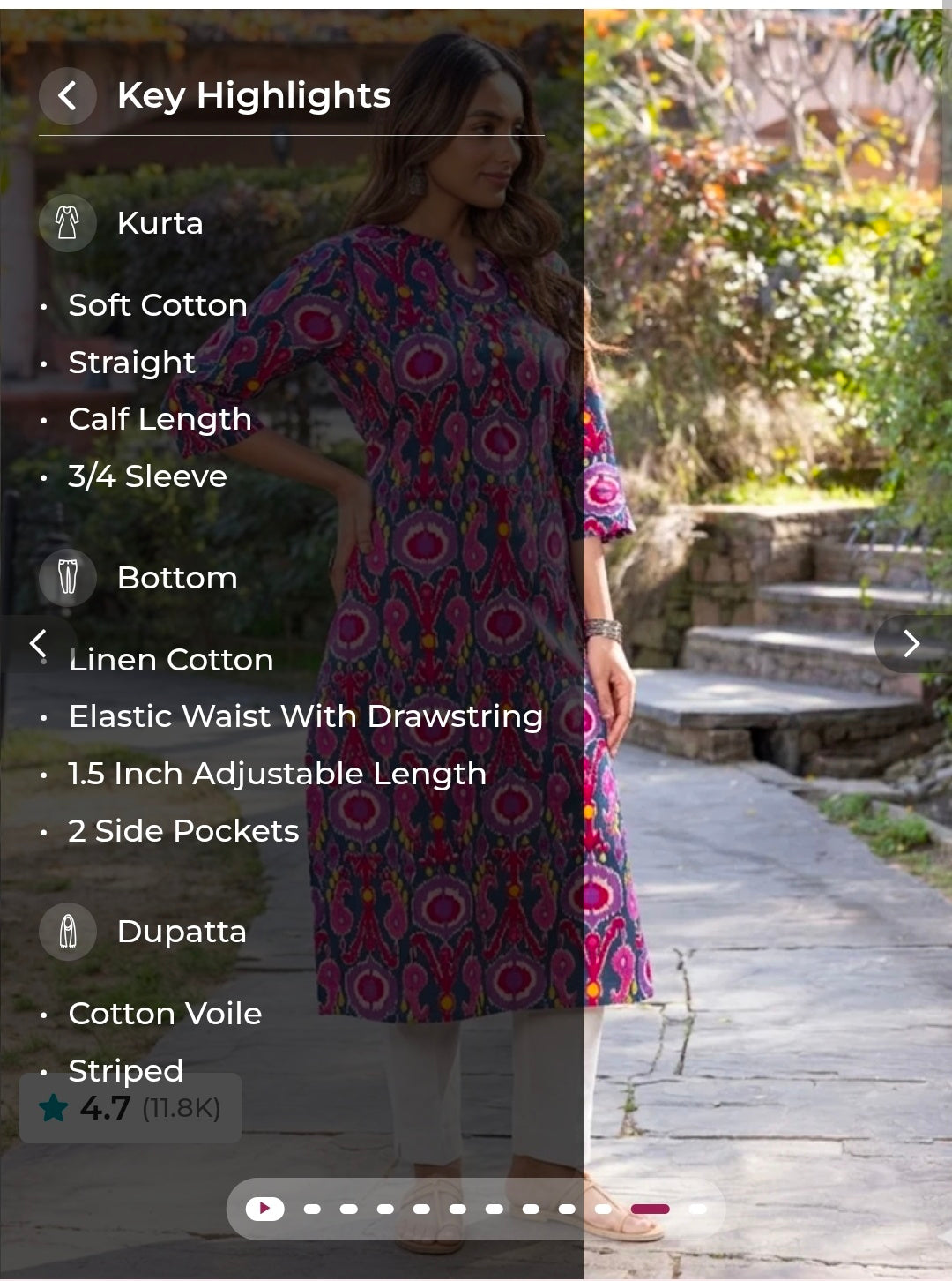 Soft Cotton Ikat Straight Multicolor Kurta, Tapered Trousers & Dupatta
