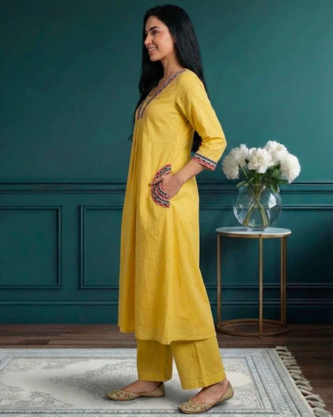 Embroidered Khadi Cotton Kurta Pant Set