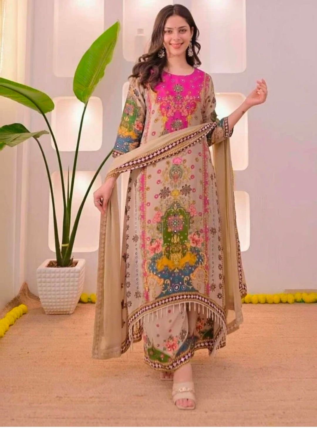 Multicolor Embroidered Viscose Kurti Palazzo Dupatta Set | Style Code 20177 CREAM M | 3 Piece Festive Wear`-