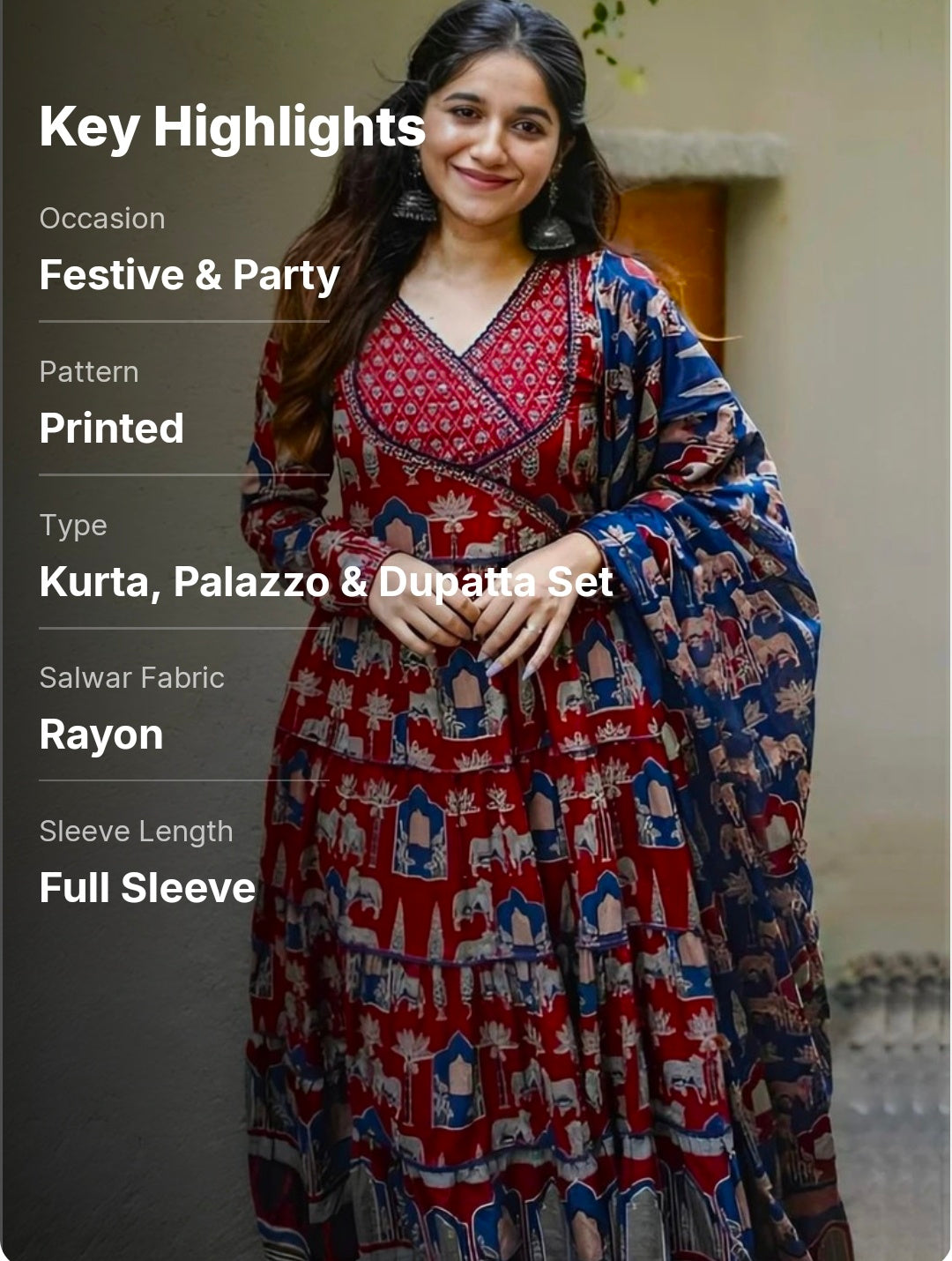 Jaipuri Print Angrakha Pattern Anarkali Kurta Pant with Dupatta for Women