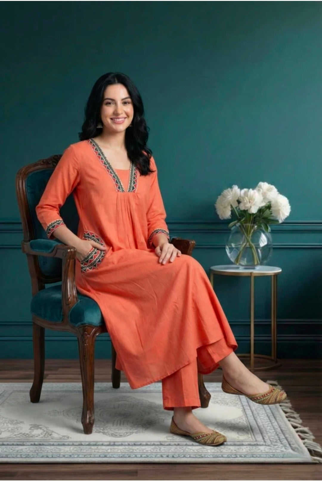 Embroidered Khadi Cotton Kurta Pant Set