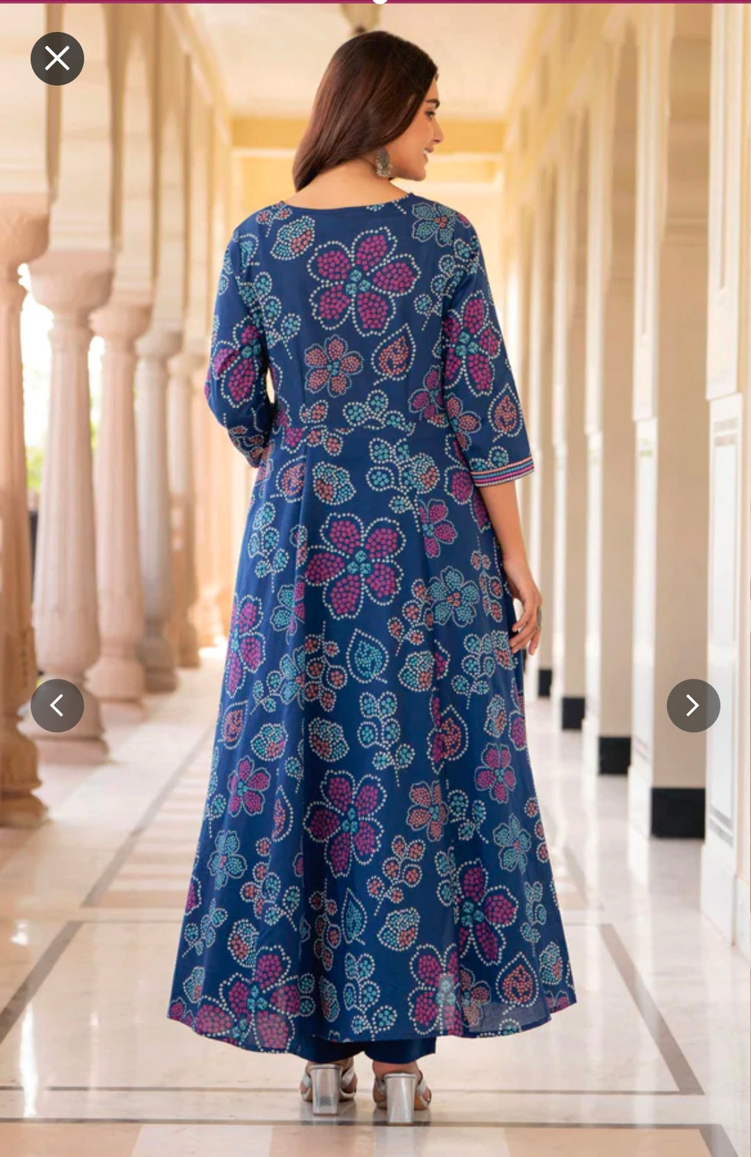 Blue Floral Soft Cotton Anarkali Kurta with Straight Trouser Set