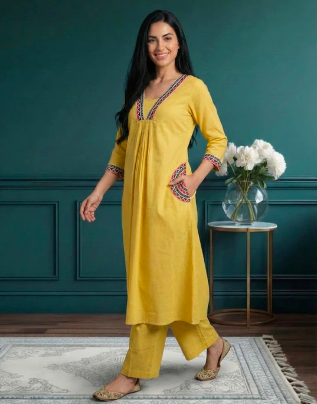 Embroidered Khadi Cotton Kurta Pant Set