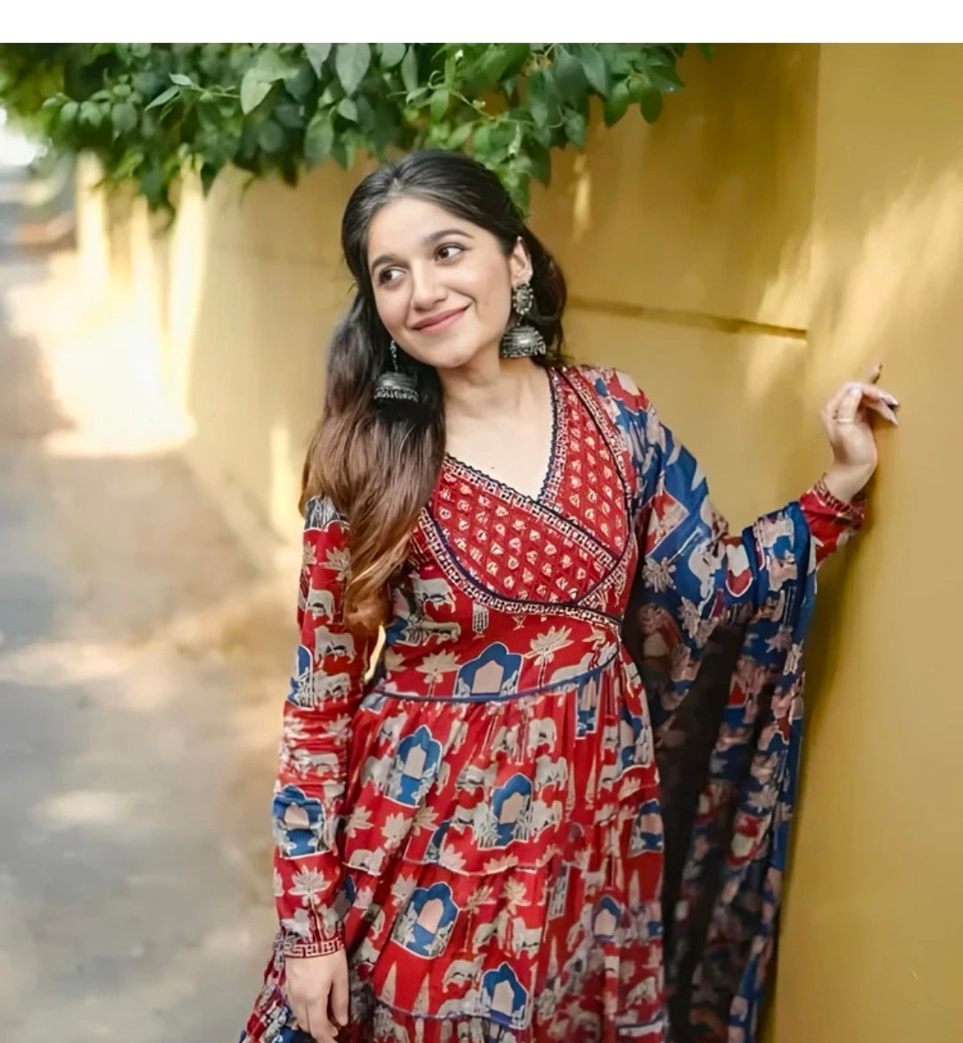 Jaipuri Print Angrakha Pattern Anarkali Kurta Pant with Dupatta for Women