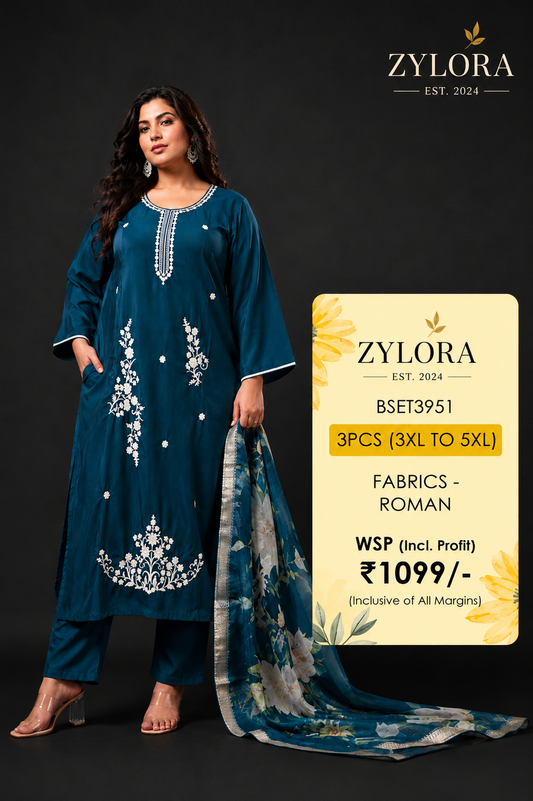 Zylora Women's Plus Size Embroidered Kurta Set with Dupatta