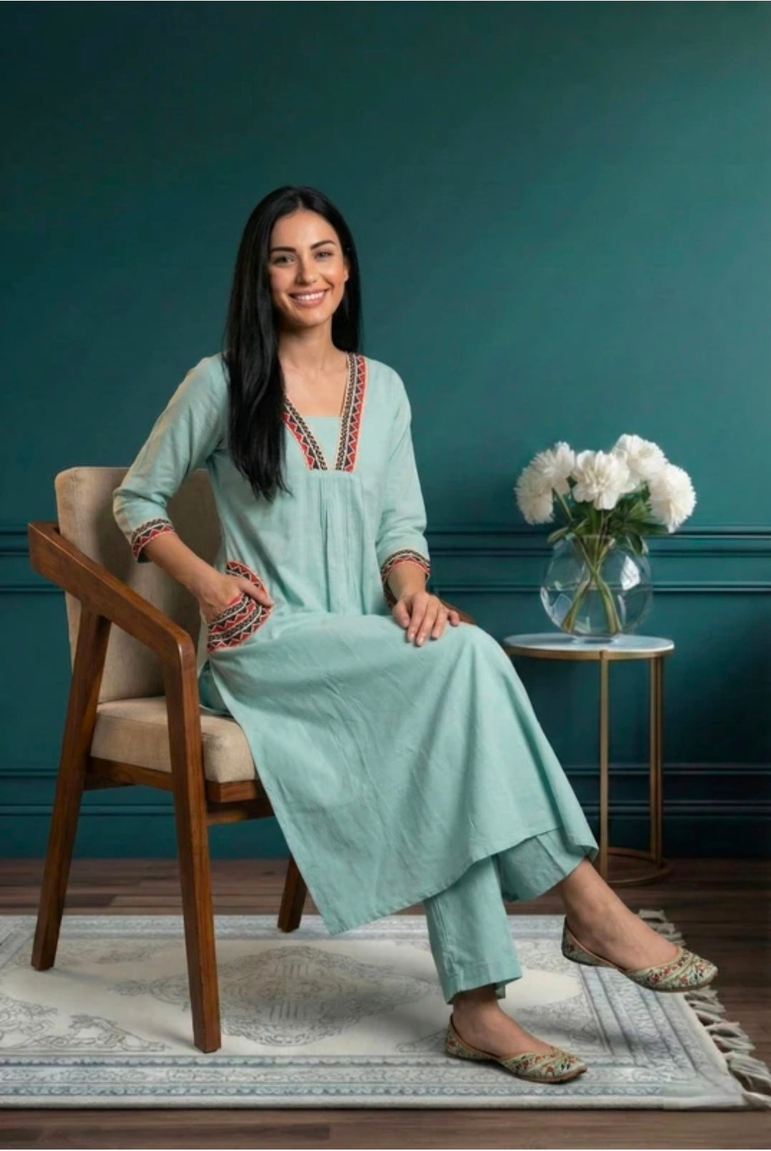 Embroidered Khadi Cotton Kurta Pant Set