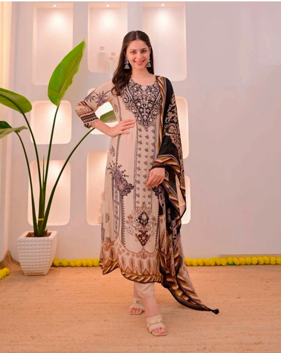 Multicolor Printed Viscose Kurta Khadi Pant Dupatta Set
