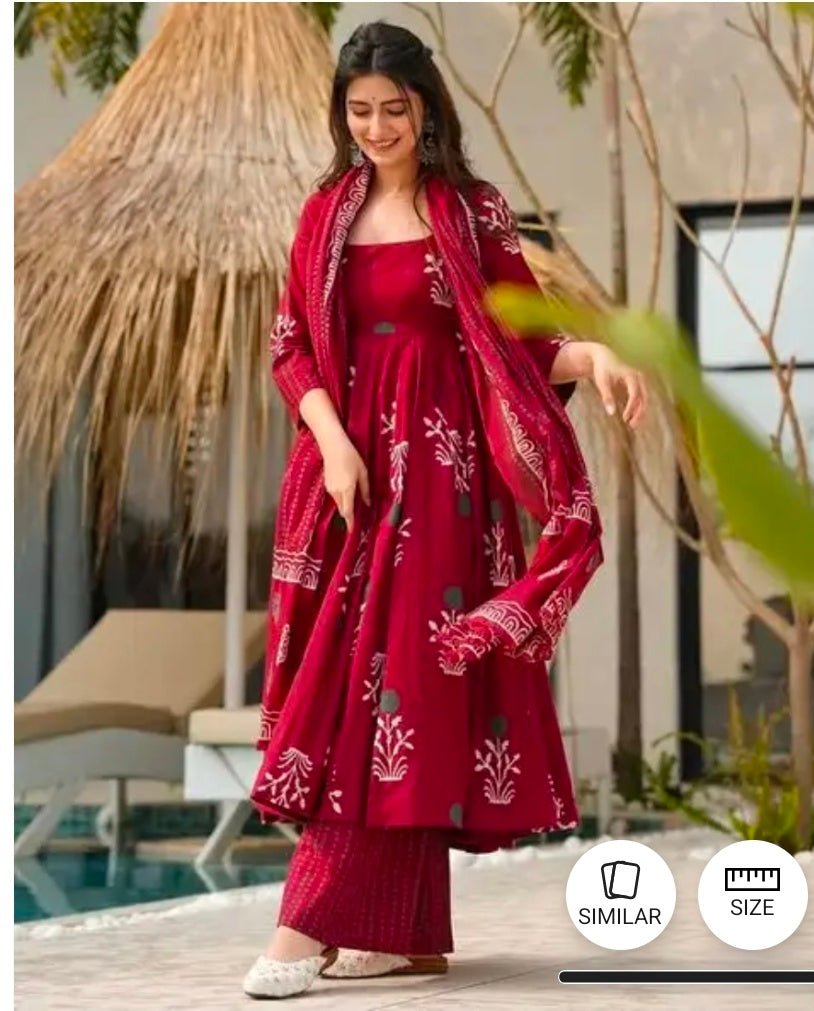 Casual + Cotton Blend + Kurta Pant Dupatta Set + 3 Piece + Calf Length