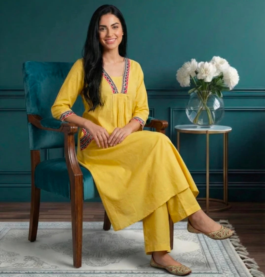 Embroidered Khadi Cotton Kurta Pant Set