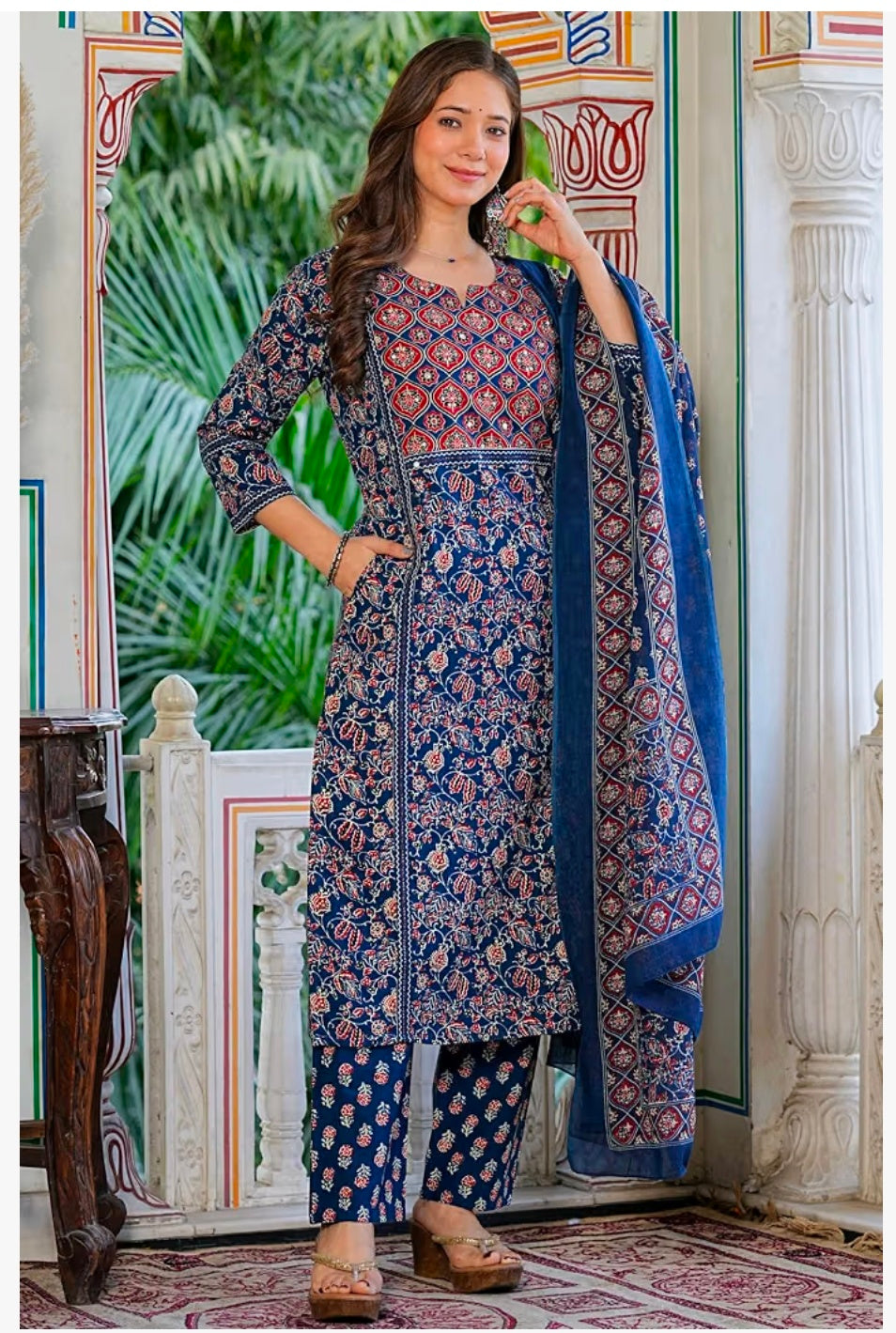 Pure Cotton Printed Straight Kurta Set with Palazzo Pants & Dupatta