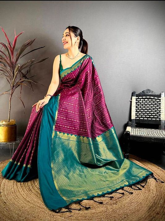Wine Satin Bentex Border Soft Silk Saree